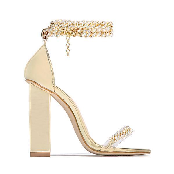 Corashoes Gold-Tone Chain Embellished Ankle Strap Chunky Heels