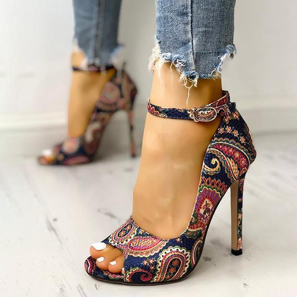 Corashoes Ethnic Print Peep Toe Ankle Strap Thin Heeled Sandals