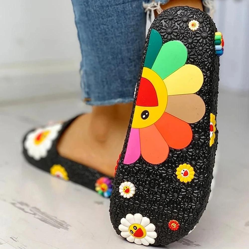 Corashoes Colorful Smile Sunflower Emblished Beach Slippers