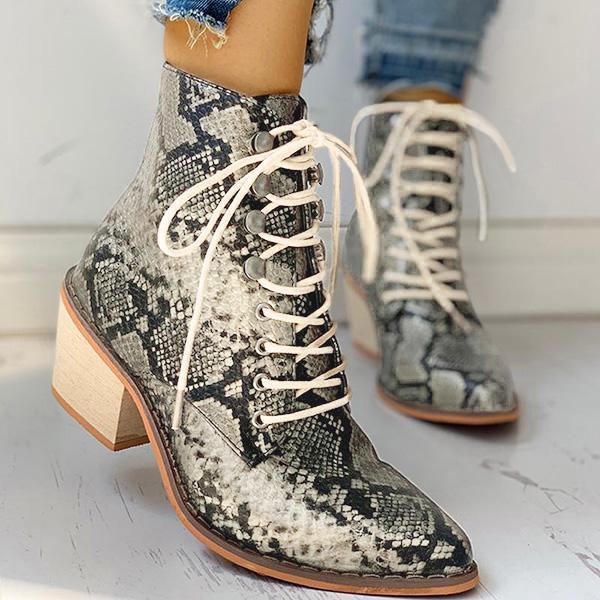 Corashoes Pointed Toe Lace-up Snakeskin Chunky Heeled Boots