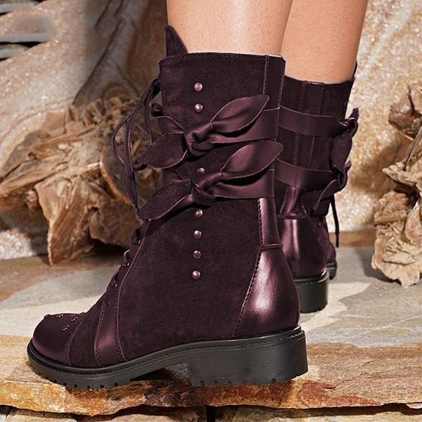 Corashoes Low Heel Bowknot Lace-Up Mid-Calf Boots
