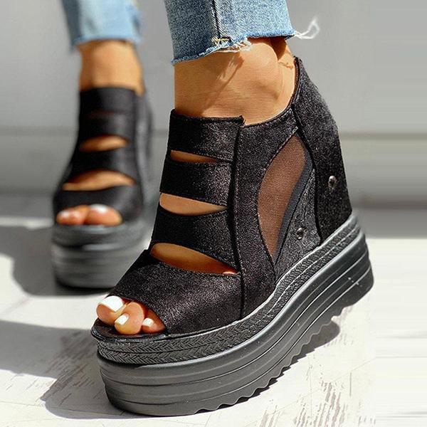 Corashoes Side Zipper Peep Toe Patchwork Platform Sandals