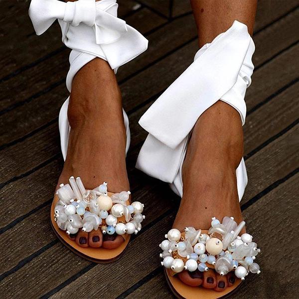 Corashoes Women Pearl Ankle Strap Flat Wedding Sandals