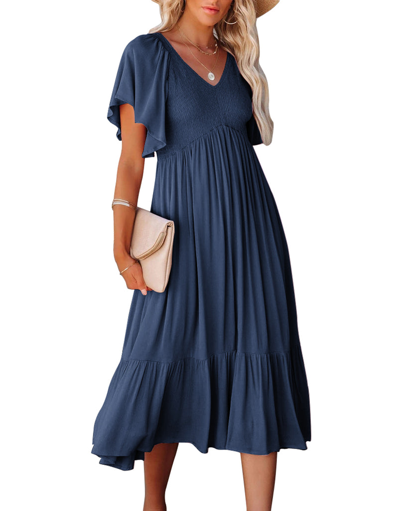 Corashoes Womens V Neck Short Flutter Sleeve Solid Smocked Ruffle Midi Tiered Dress