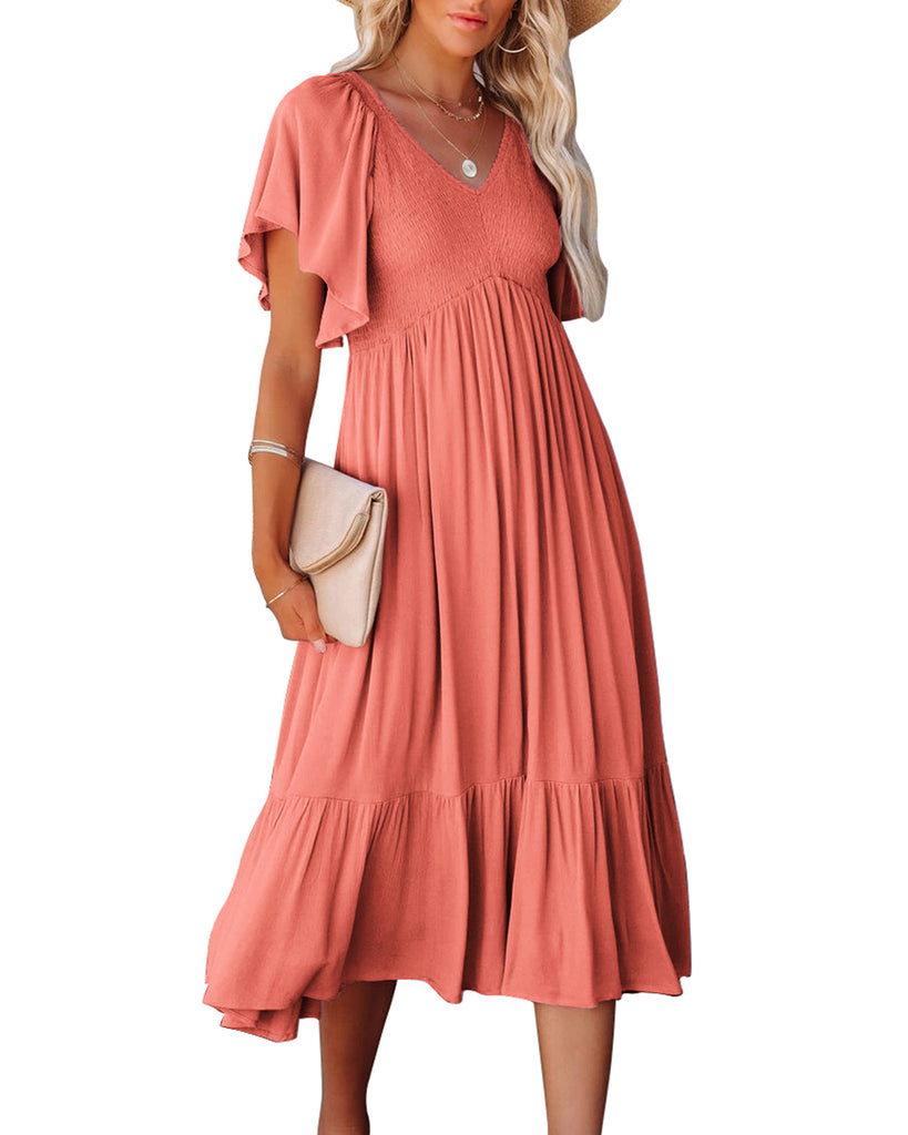 Corashoes Womens V Neck Short Flutter Sleeve Solid Smocked Ruffle Midi Tiered Dress