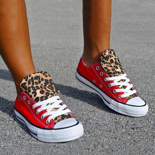 Corashoes Lace-Up Canvas Leopard Flat Heel Casual Sneakers