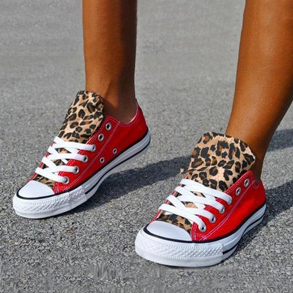 Corashoes Lace-Up Canvas Leopard Flat Heel Casual Sneakers