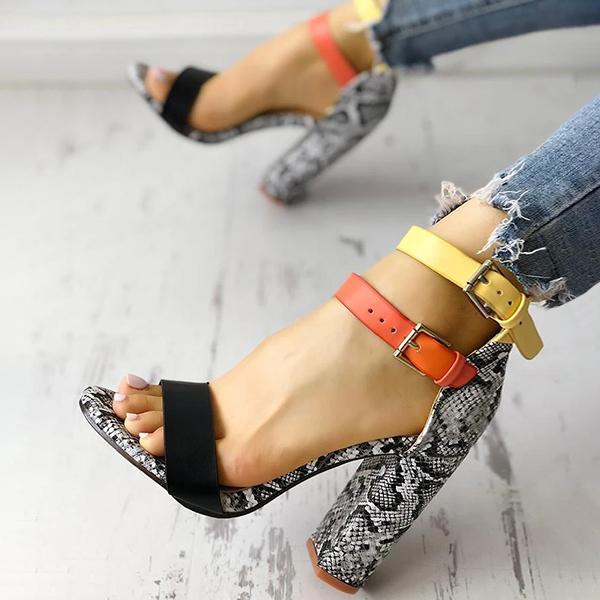 Corashoes Contrast Color Snakeskin Buckled Chunky Heeled Sandals