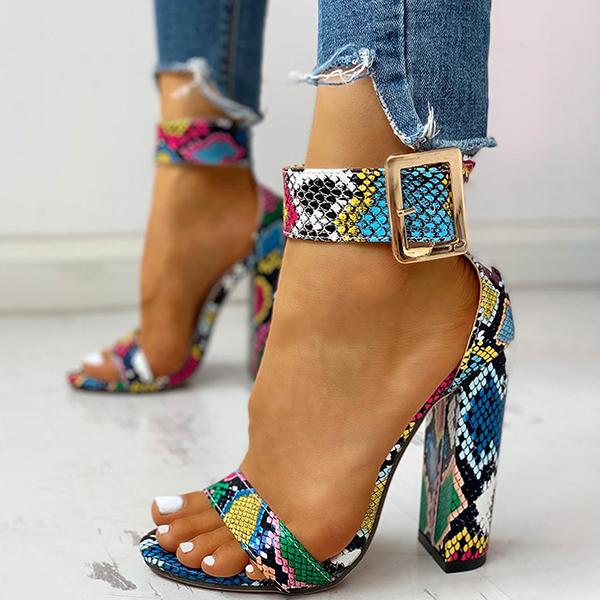 Corashoes Printing Ankle Buckled Chunky Heeled Sandals