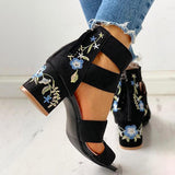 Corashoes Floral Embroidered Zipper Chunky Heeled Sandals