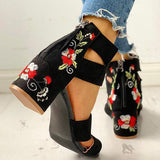 Corashoes Floral Embroidered Zipper Chunky Heeled Sandals