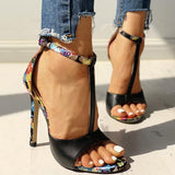 Corashoes Contrast Color Floral Splicing Ankle Strap Heels