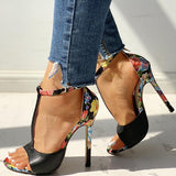 Corashoes Contrast Color Floral Splicing Ankle Strap Heels