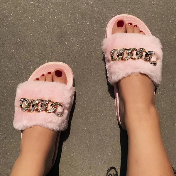 Corashoes Women Fashion Rhinestone Fur Open Toe Slip On Slippers