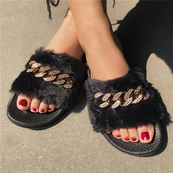 Corashoes Women Fashion Rhinestone Fur Open Toe Slip On Slippers