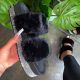 Corashoes Women Faux Fur Rhinestone Slip On Slippers