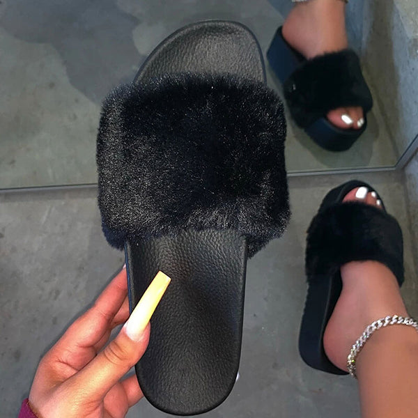 Corashoes Women Fashion Faux Fluffy Fur Platform Slippers