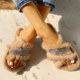 Corashoes Shiny Fluffy Embellished Open Toe Slippers