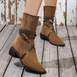 Corashoes Pointed Toe Suede Around Lace-Up Embrellished Mid-Calf Boots
