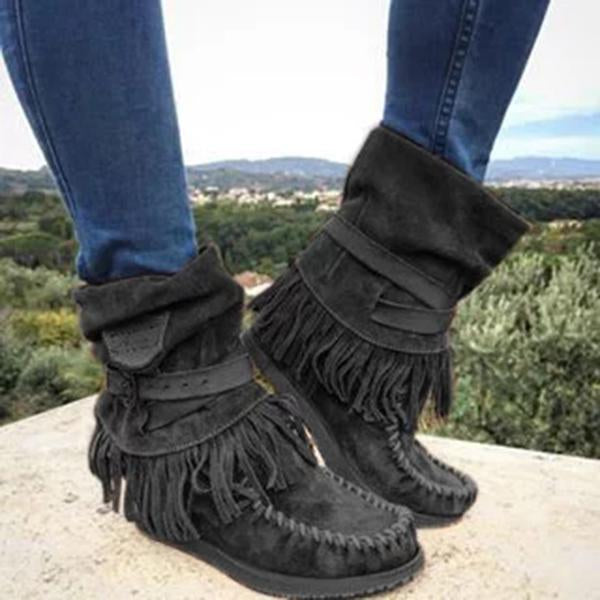 Corashoes Women's Casual Flat Suede Fringe Round Toe Retro Boots