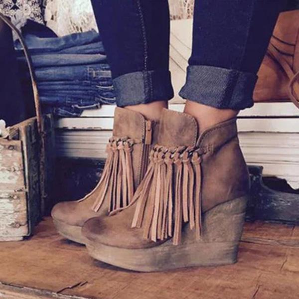 Corashoes Artificial Leather Tassel Wedge Boots
