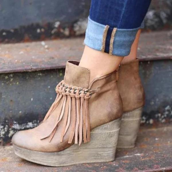 Corashoes Artificial Leather Tassel Wedge Boots