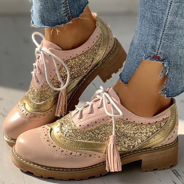 Corashoes Lace-Up Sequins Insert Chunky Heeled Boots