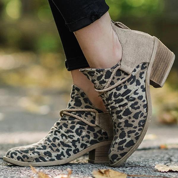Corashoes Leopard Chunky Heel Canvas Boots