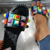 Corashoes Candy Color Rivet Detail Flat Slider Slippers